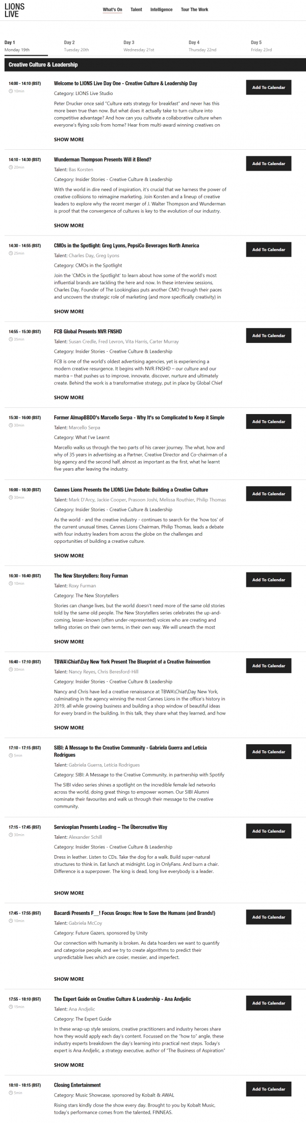 라이언즈 라이브 Day 1 프로그램. ⓒCannes Lions