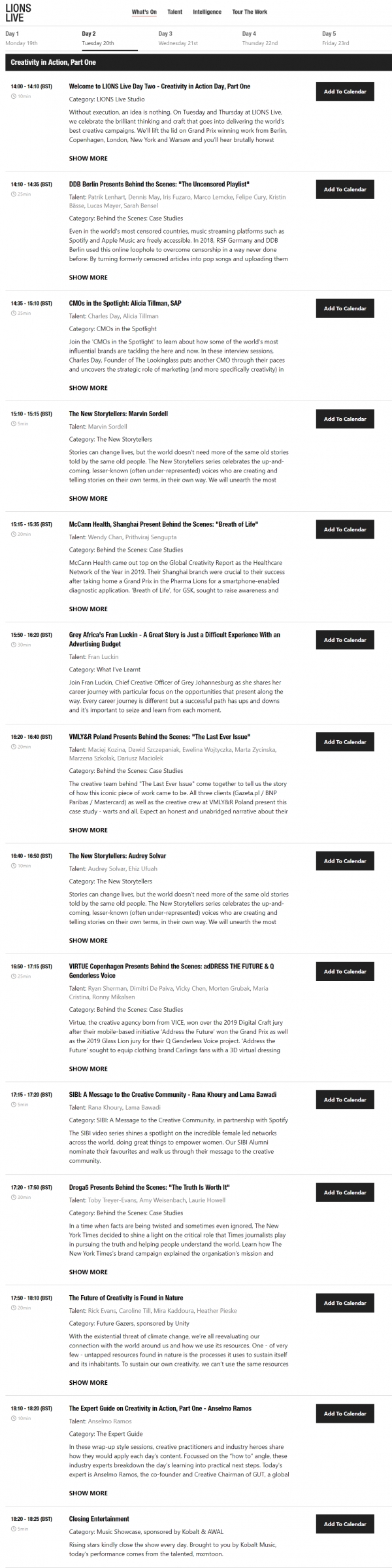라이언즈 라이브 Day 2 프로그램. ⓒCannes Lions