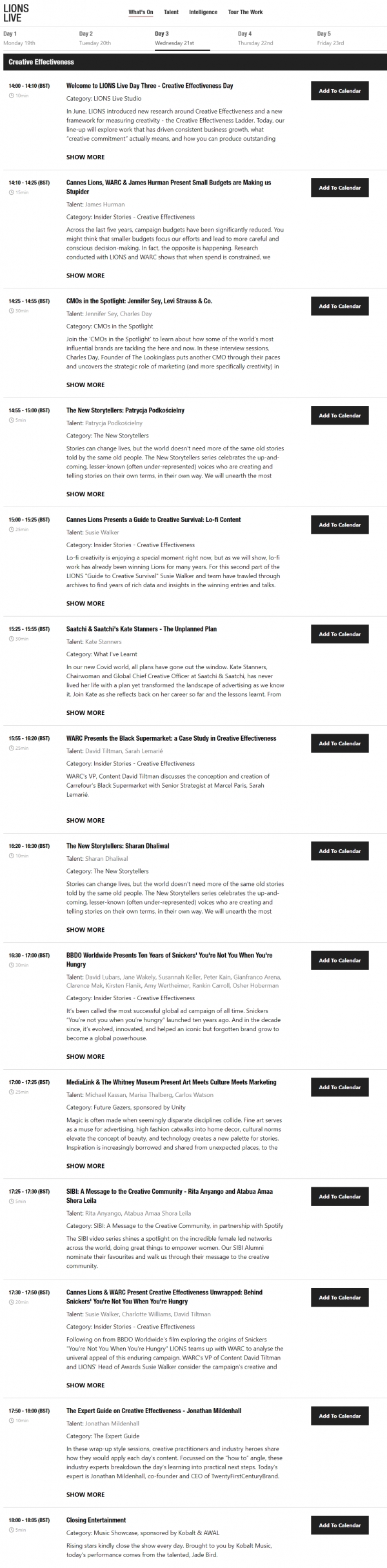 라이언즈 라이브 Day 3 프로그램. ⓒCannes Lions