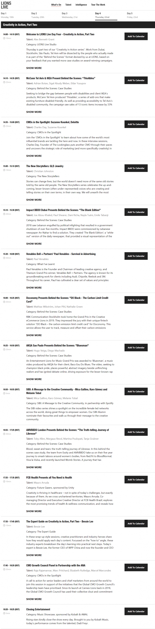 라이언즈 라이브 Day 4 프로그램. ⓒCannes Lions