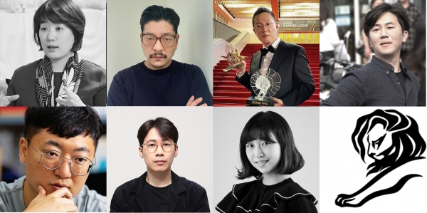 (윗줄 좌측부터) 제일기획 이예훈 상무, 융폰마트한강 빌염 CCO, 제일기획 황성필 프로, 돌고래유괴단 이주형 감독. (아랫줄 좌측부터) 충주시 김선태 주무관, 아이디엇 이승재 대표, 스튜디오좋 남우리 CD. ⓒ칸 라이언즈 코리아