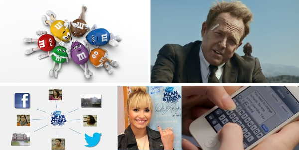 좌측부터 시계 방향으로 M&M'S 캐릭터, 올스테이트(Allstate)의 '메이헴(Mayhem, 대혼란)', 시크릿 데오도란트(Secret Deodorant)의 '못된 행동은 냄새난다(Mean Stinks)' 캠페인. ⓒ각 캠페인 갈무리